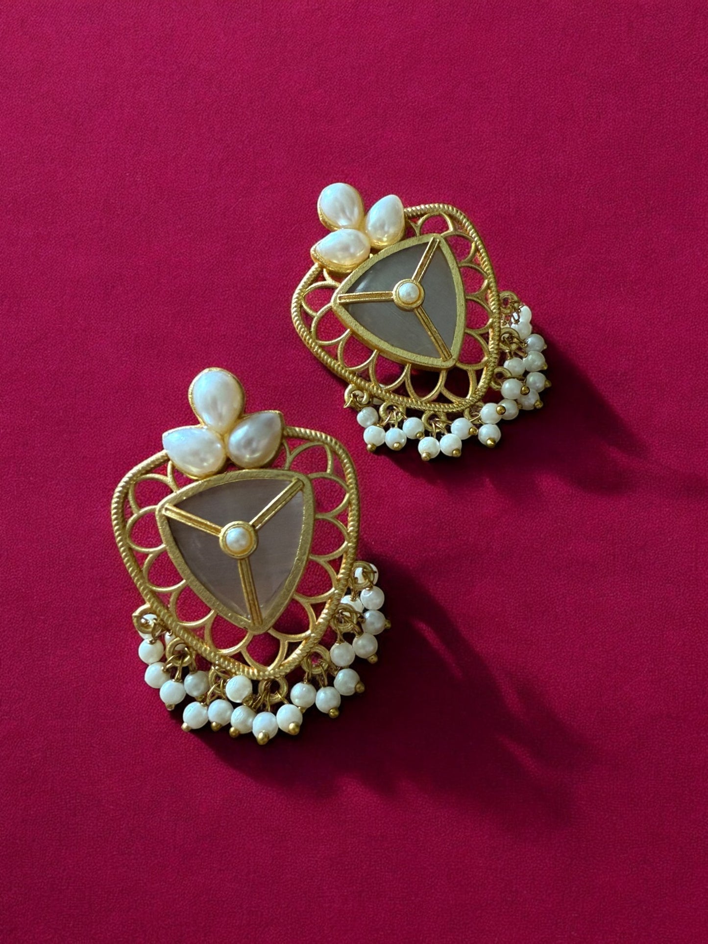 Grey Lotus Shield Earrings with Pearl Beads