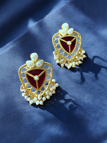 Crimson Red Lotus Shield Earrings with Pearl Beads
