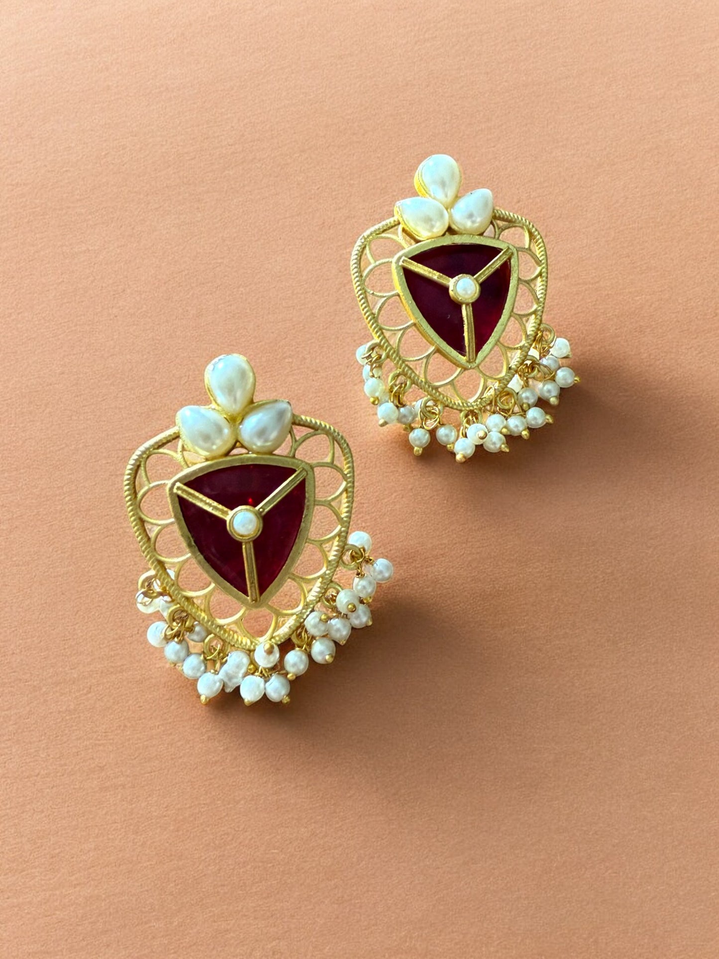 Crimson Red Lotus Shield Earrings with Pearl Beads