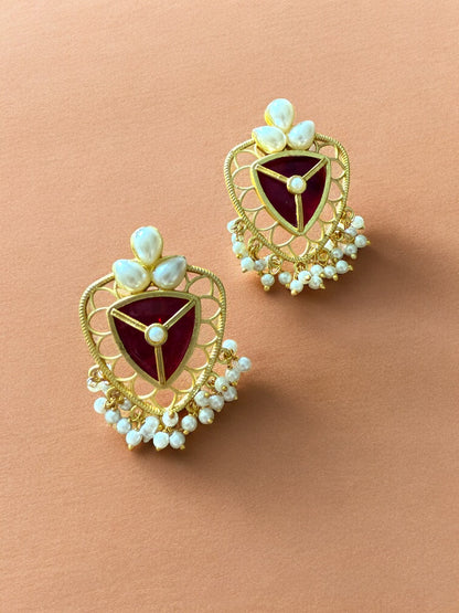 Crimson Red Lotus Shield Earrings with Pearl Beads