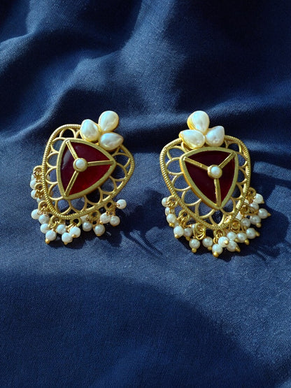 Crimson Red Lotus Shield Earrings with Pearl Beads