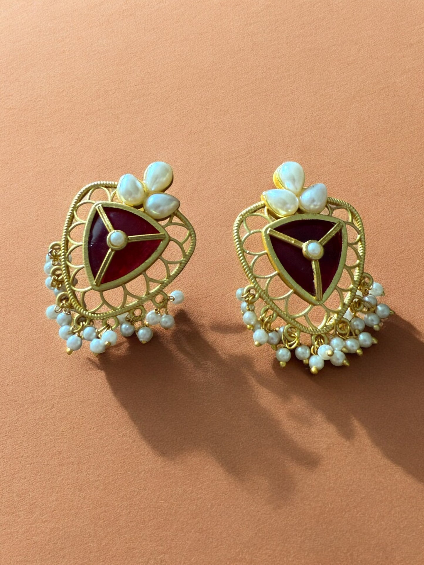 Crimson Red Lotus Shield Earrings with Pearl Beads