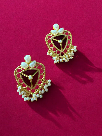 Crimson Red Lotus Shield Earrings with Pearl Beads