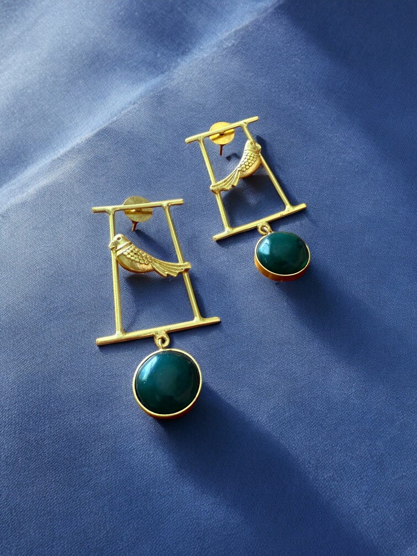 Artisanal Gold Bird Motif and Green Gem Earrings