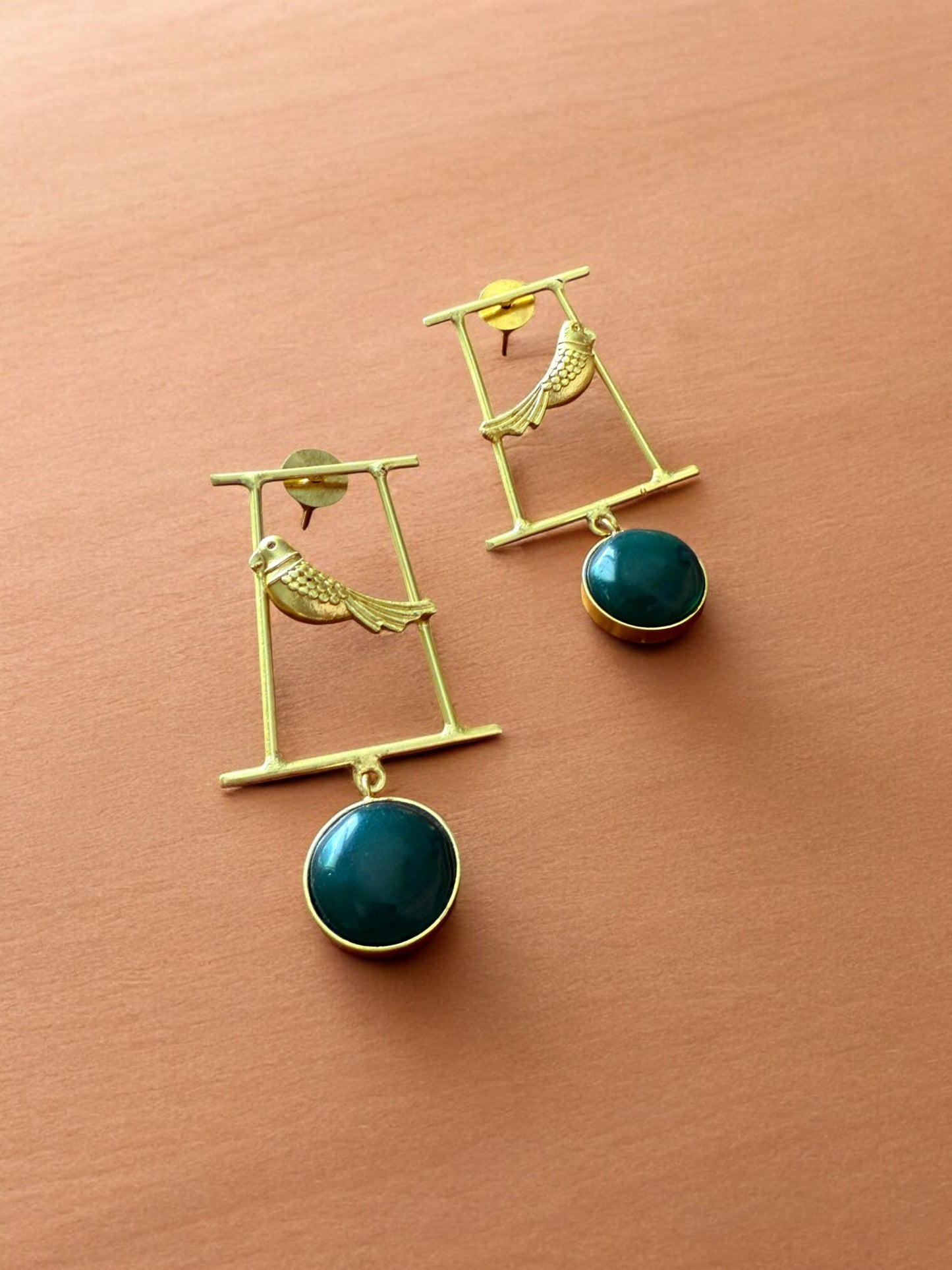 Artisanal Gold Bird Motif and Green Gem Earrings