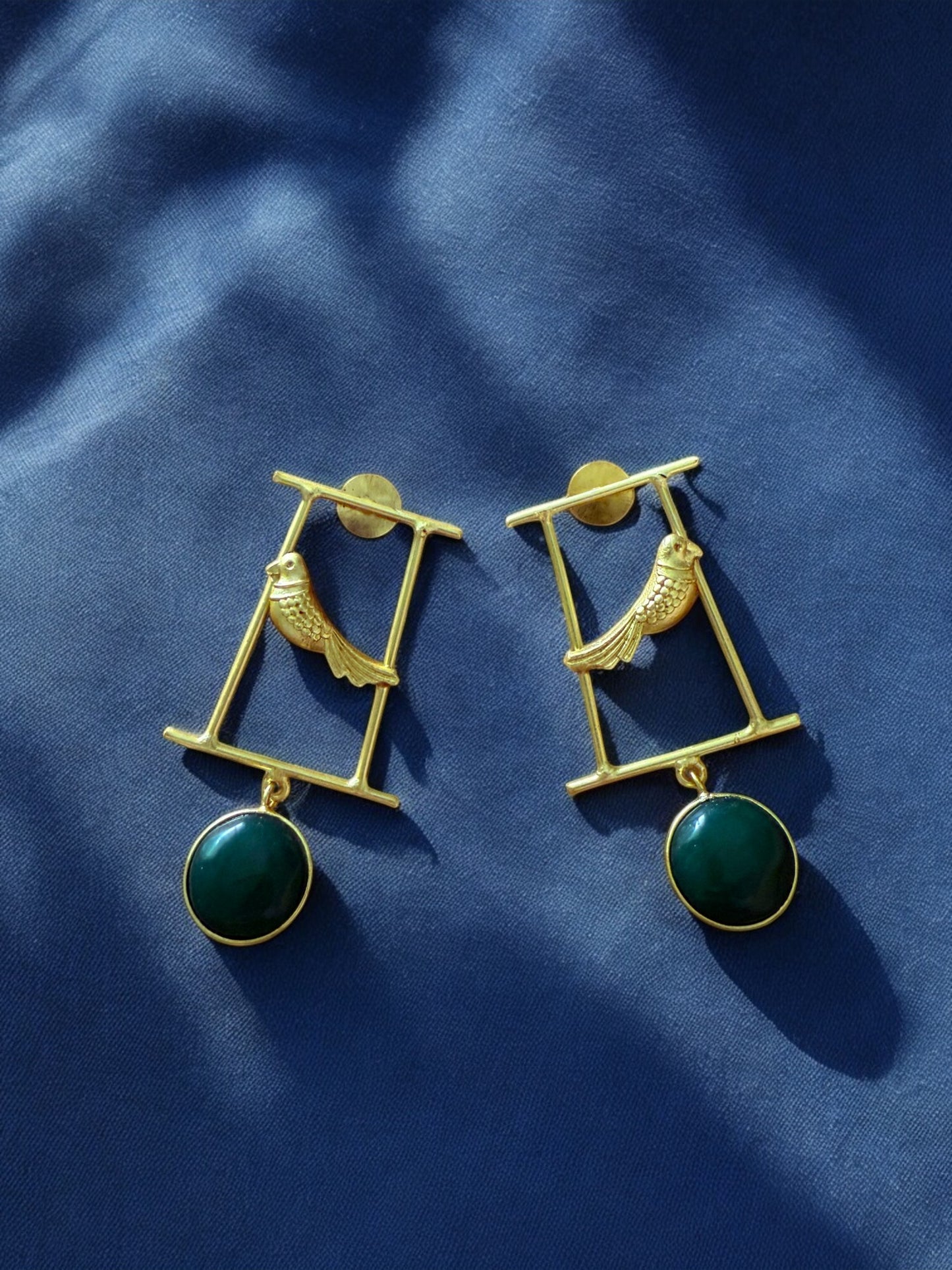 Artisanal Gold Bird Motif and Green Gem Earrings