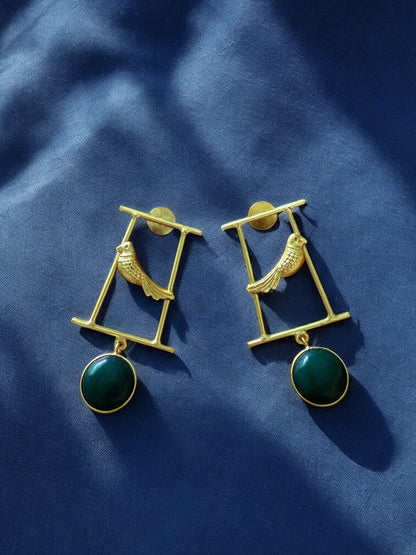 Artisanal Gold Bird Motif and Green Gem Earrings