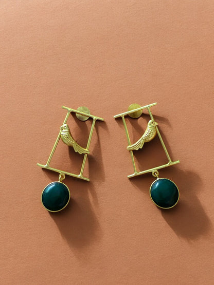 Artisanal Gold Bird Motif and Green Gem Earrings