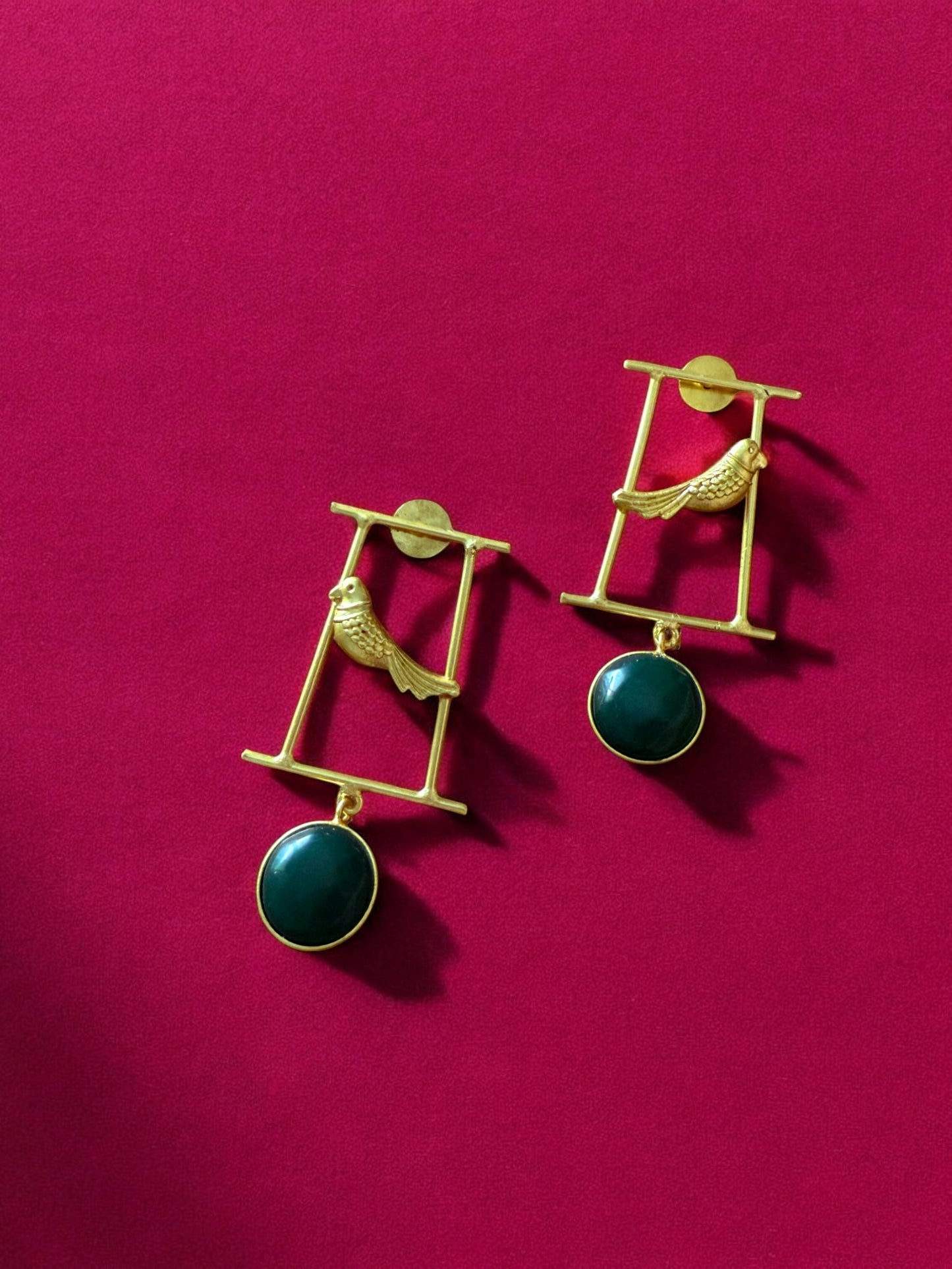 Artisanal Gold Bird Motif and Green Gem Earrings