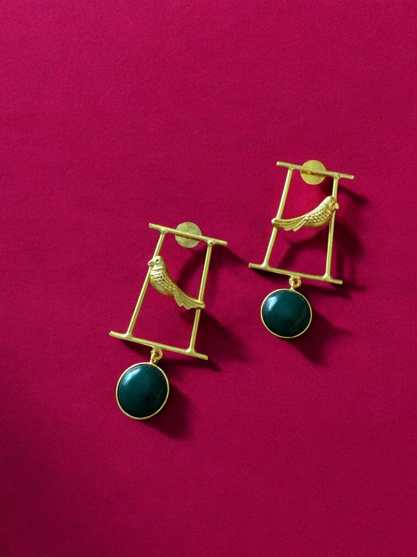 Artisanal Gold Bird Motif and Green Gem Earrings