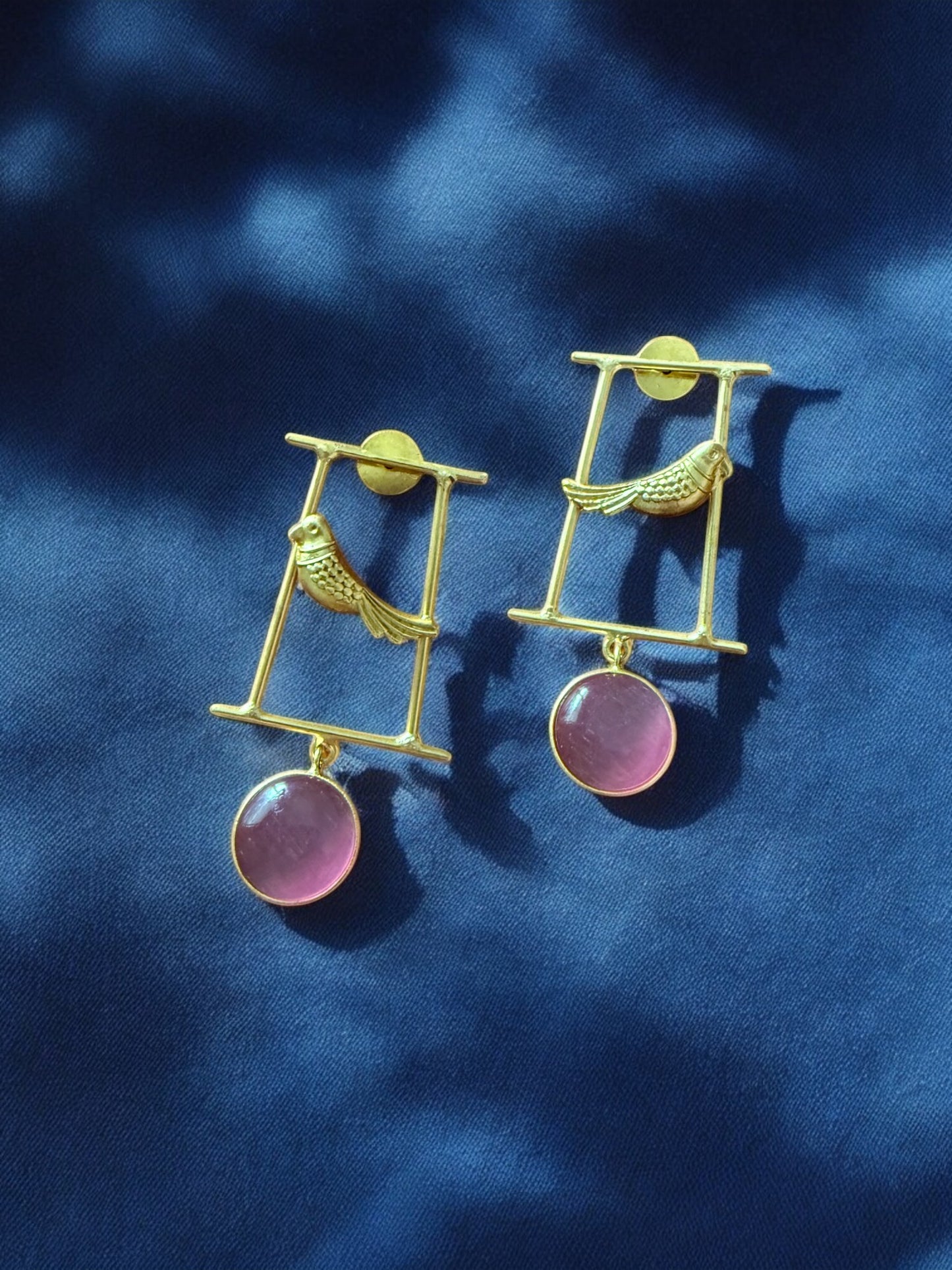 Artisanal Gold Bird Motif and Pink Gem Earrings