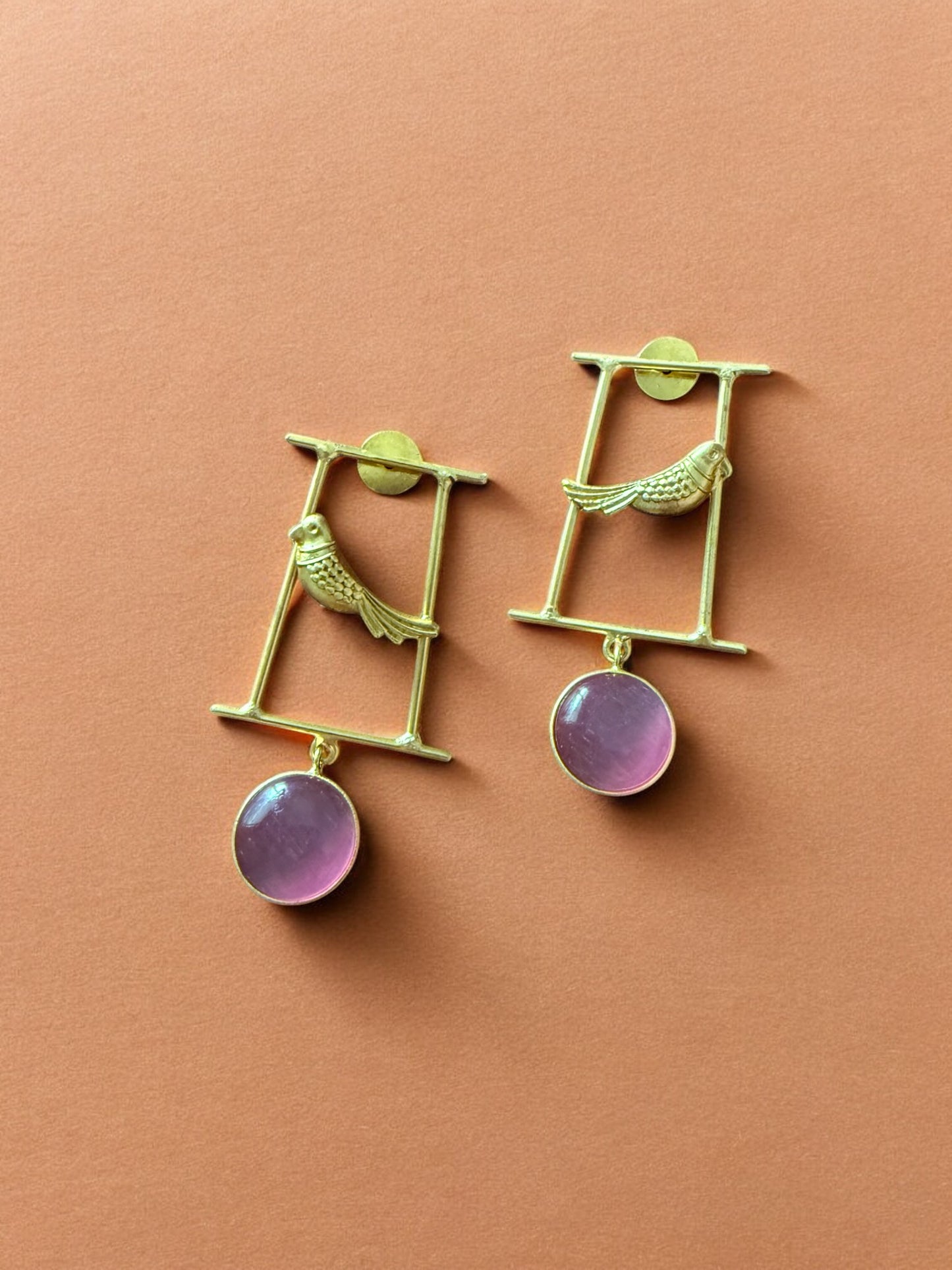 Artisanal Gold Bird Motif and Pink Gem Earrings