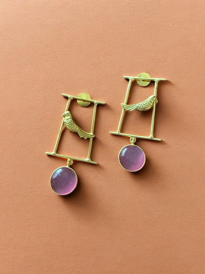 Artisanal Gold Bird Motif and Pink Gem Earrings