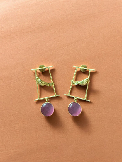Artisanal Gold Bird Motif and Pink Gem Earrings