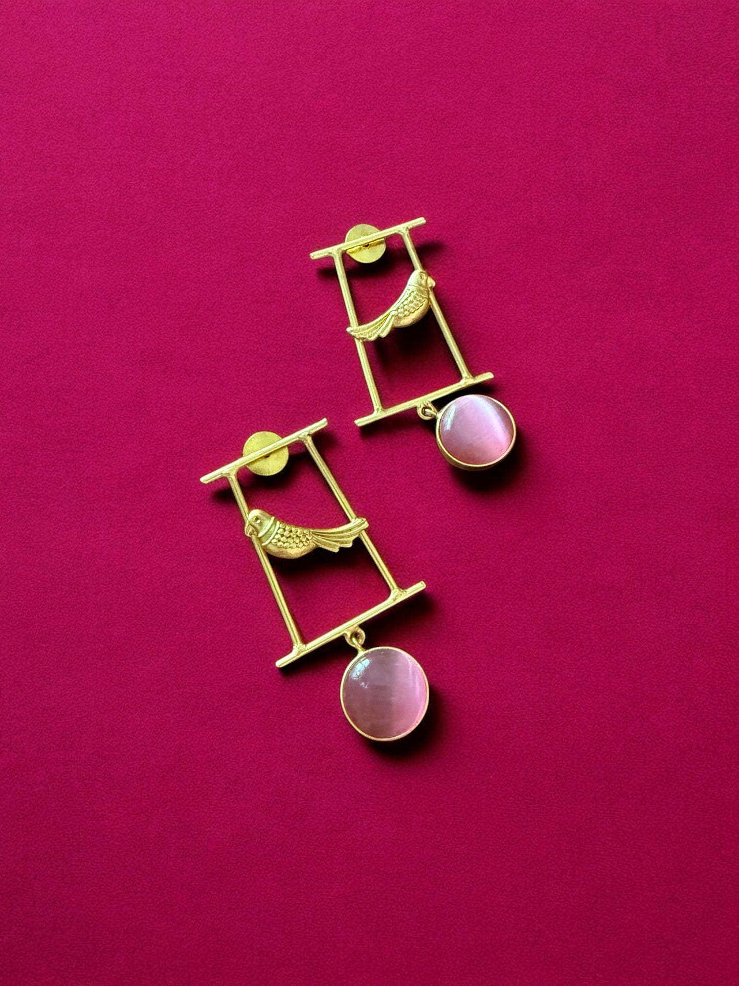 Artisanal Gold Bird Motif and Pink Gem Earrings