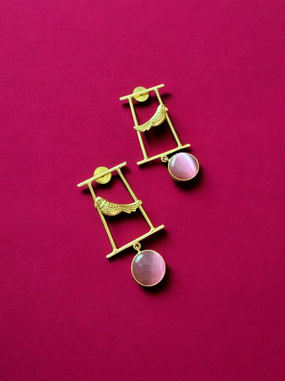 Artisanal Gold Bird Motif and Pink Gem Earrings