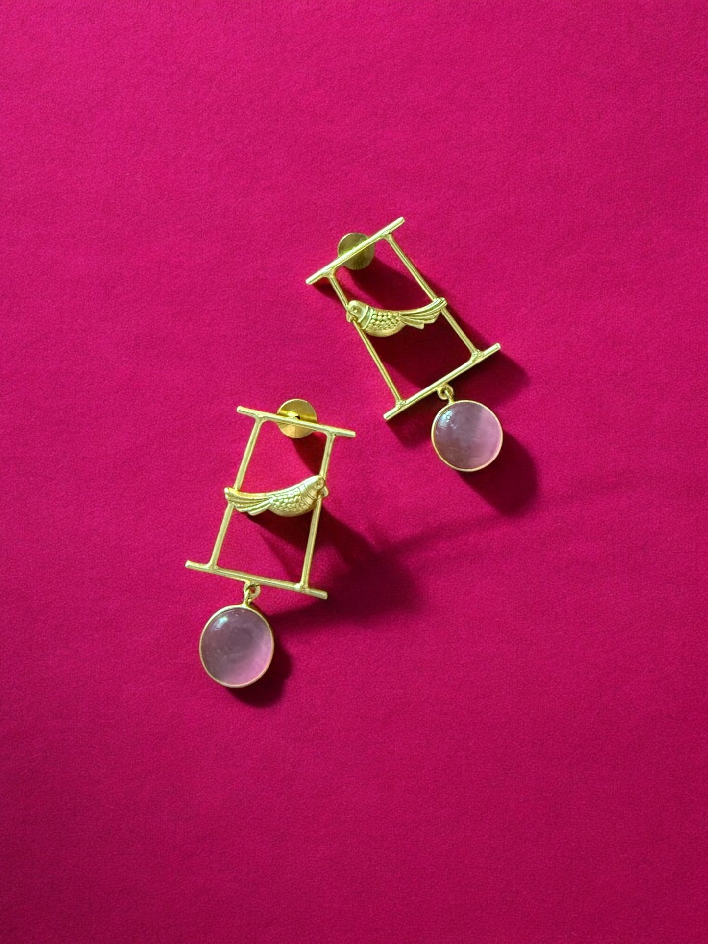 Artisanal Gold Bird Motif and Pink Gem Earrings