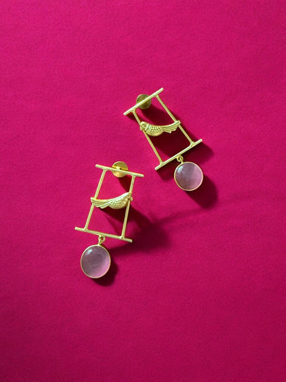 Artisanal Gold Bird Motif and Pink Gem Earrings