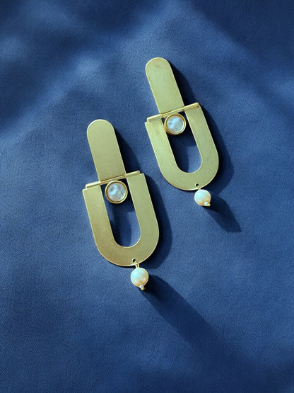 Handcrafted Contemporary Gold and Pearl Drop Earrings