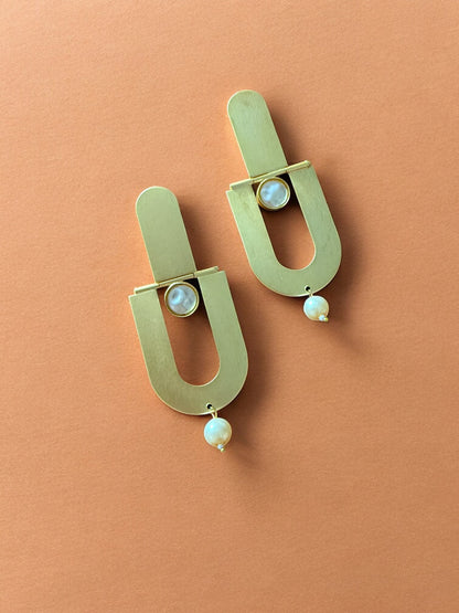 Handcrafted Contemporary Gold and Pearl Drop Earrings