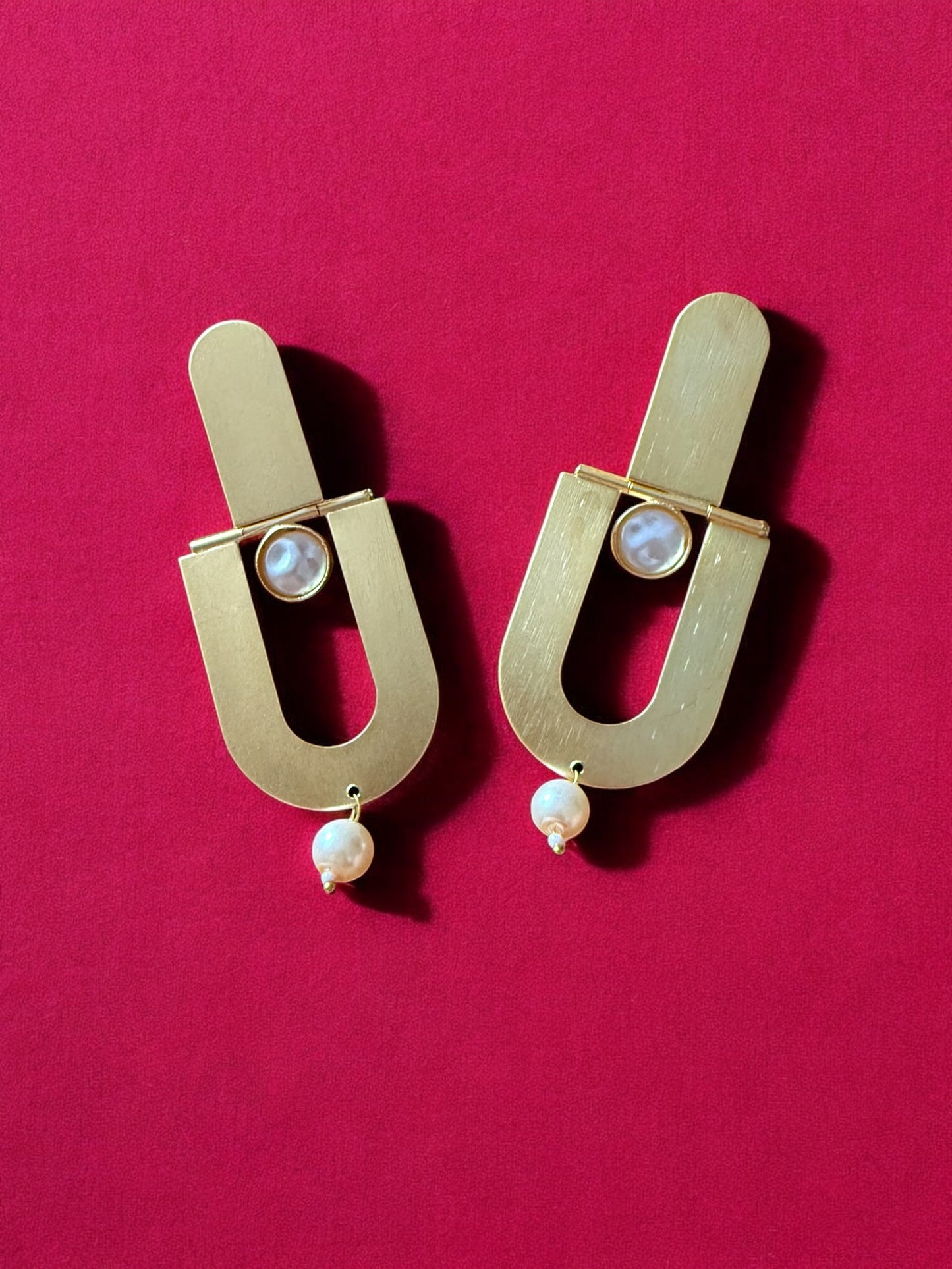 Handcrafted Contemporary Gold and Pearl Drop Earrings