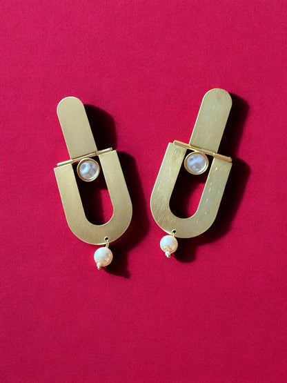 Handcrafted Contemporary Gold and Pearl Drop Earrings