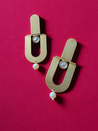 Handcrafted Contemporary Gold and Pearl Drop Earrings