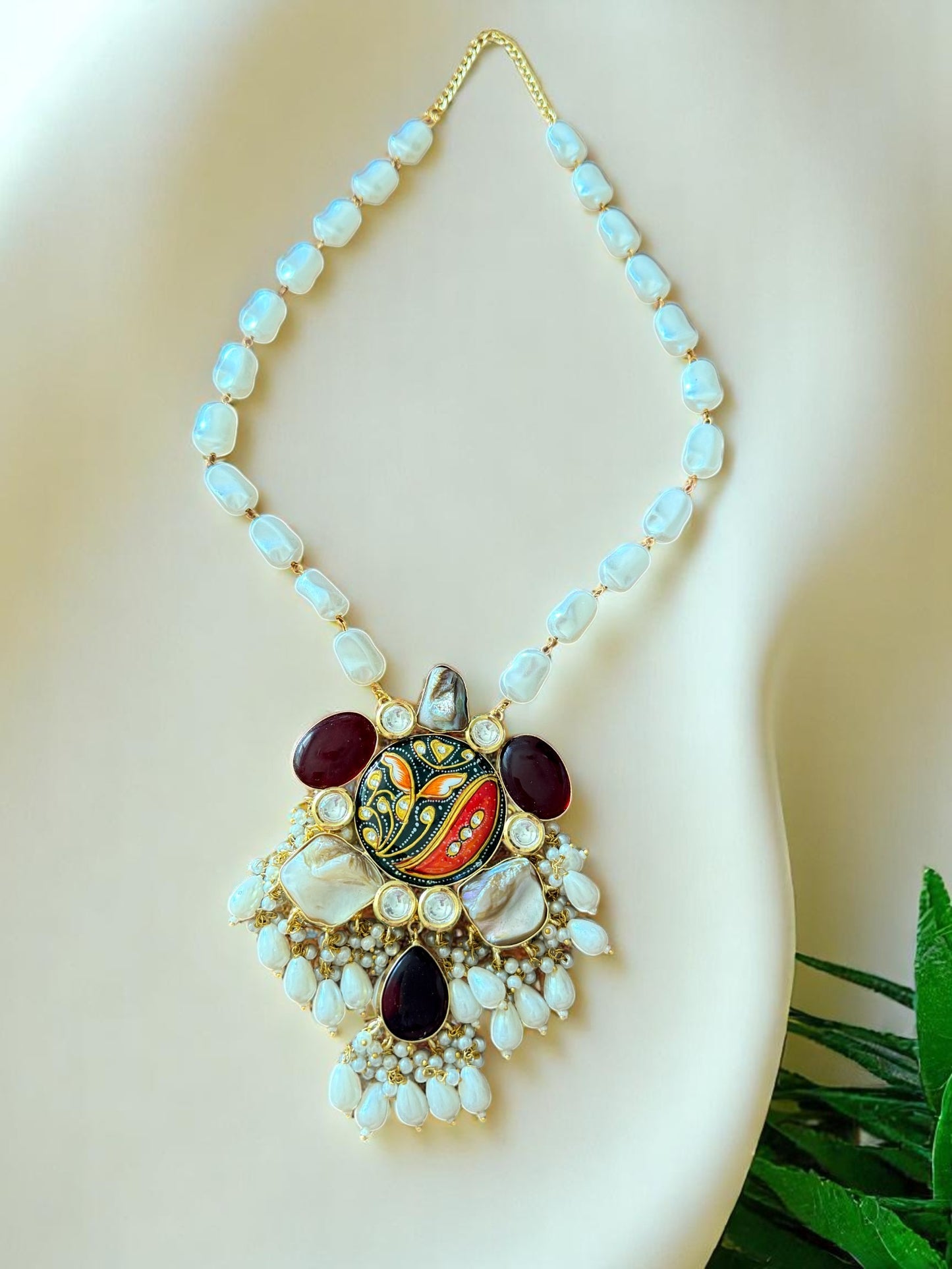 Handcrafted Beaded Chain with Baroque Pearls and Tanjore Pendant Set