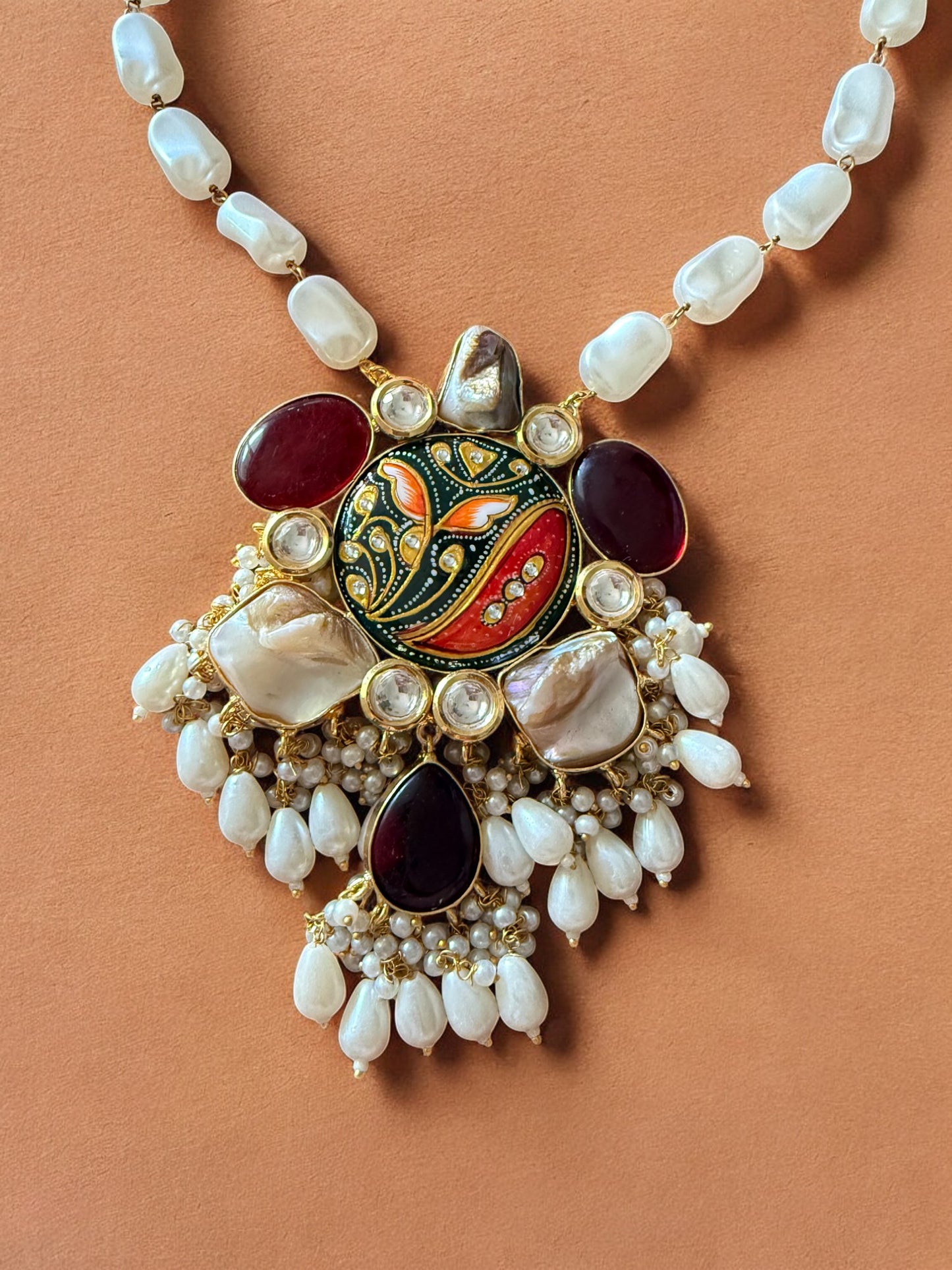 Handcrafted Beaded Chain with Baroque Pearls and Tanjore Pendant Set