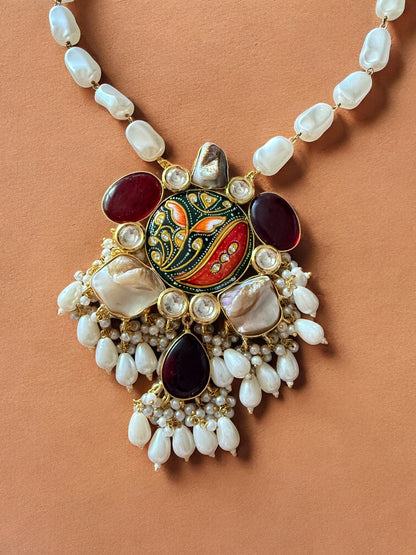 Handcrafted Beaded Chain with Baroque Pearls and Tanjore Pendant Set