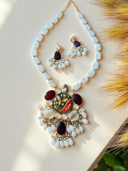 Handcrafted Beaded Chain with Baroque Pearls and Tanjore Pendant Set