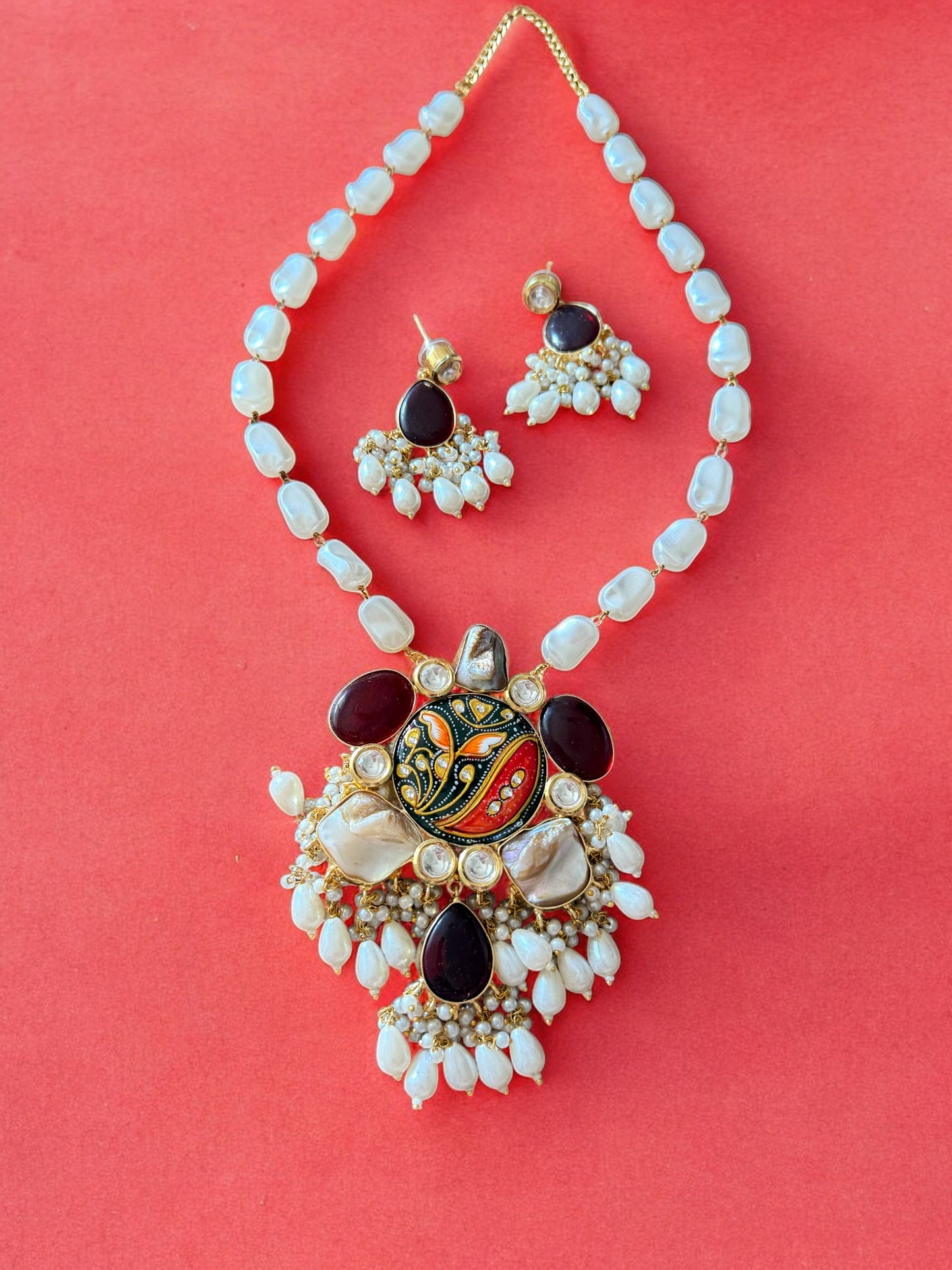 Handcrafted Beaded Chain with Baroque Pearls and Tanjore Pendant Set