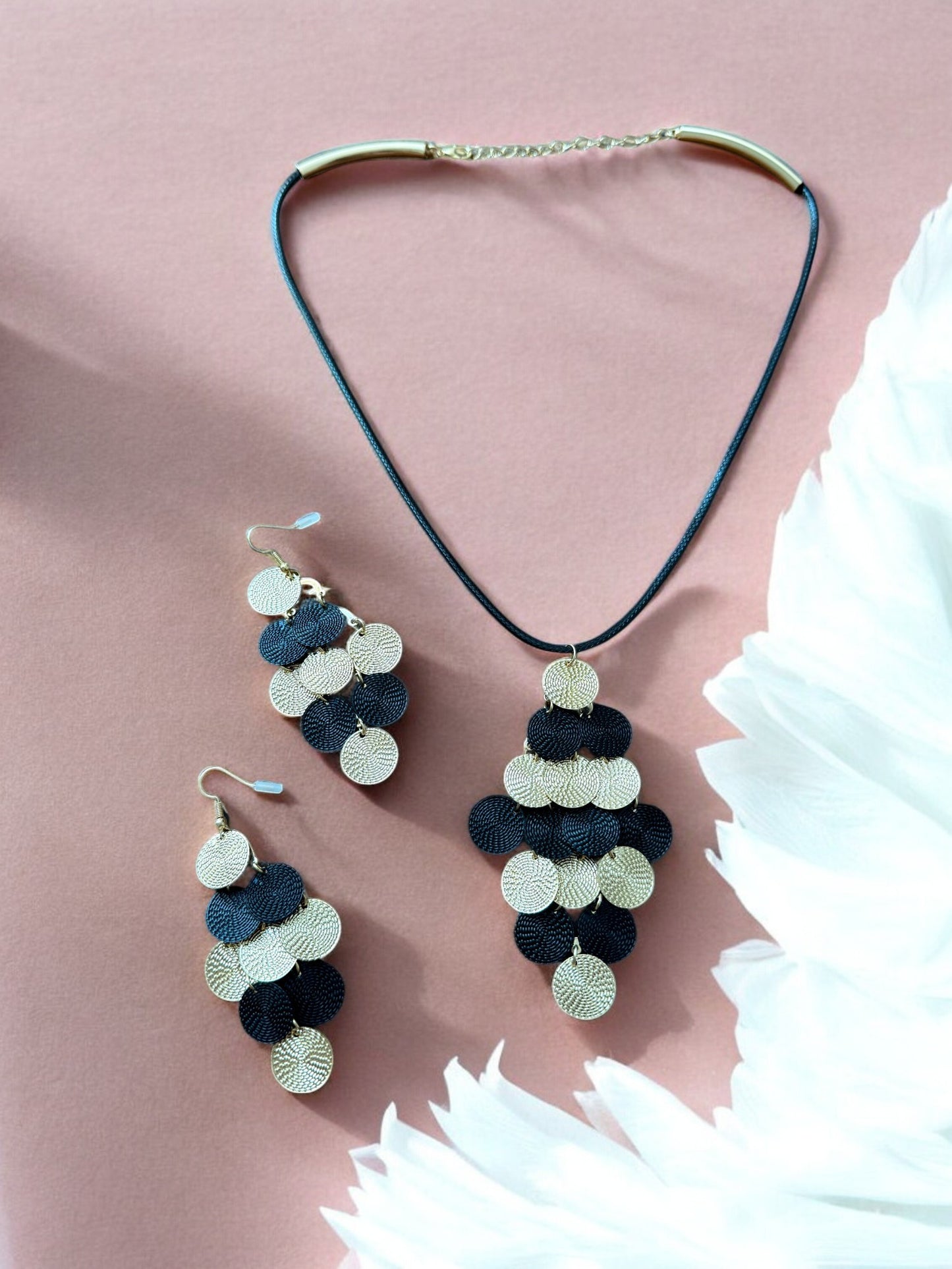 Gold & Black Geometric Cord String Jewelllery set with Dangling Earrings