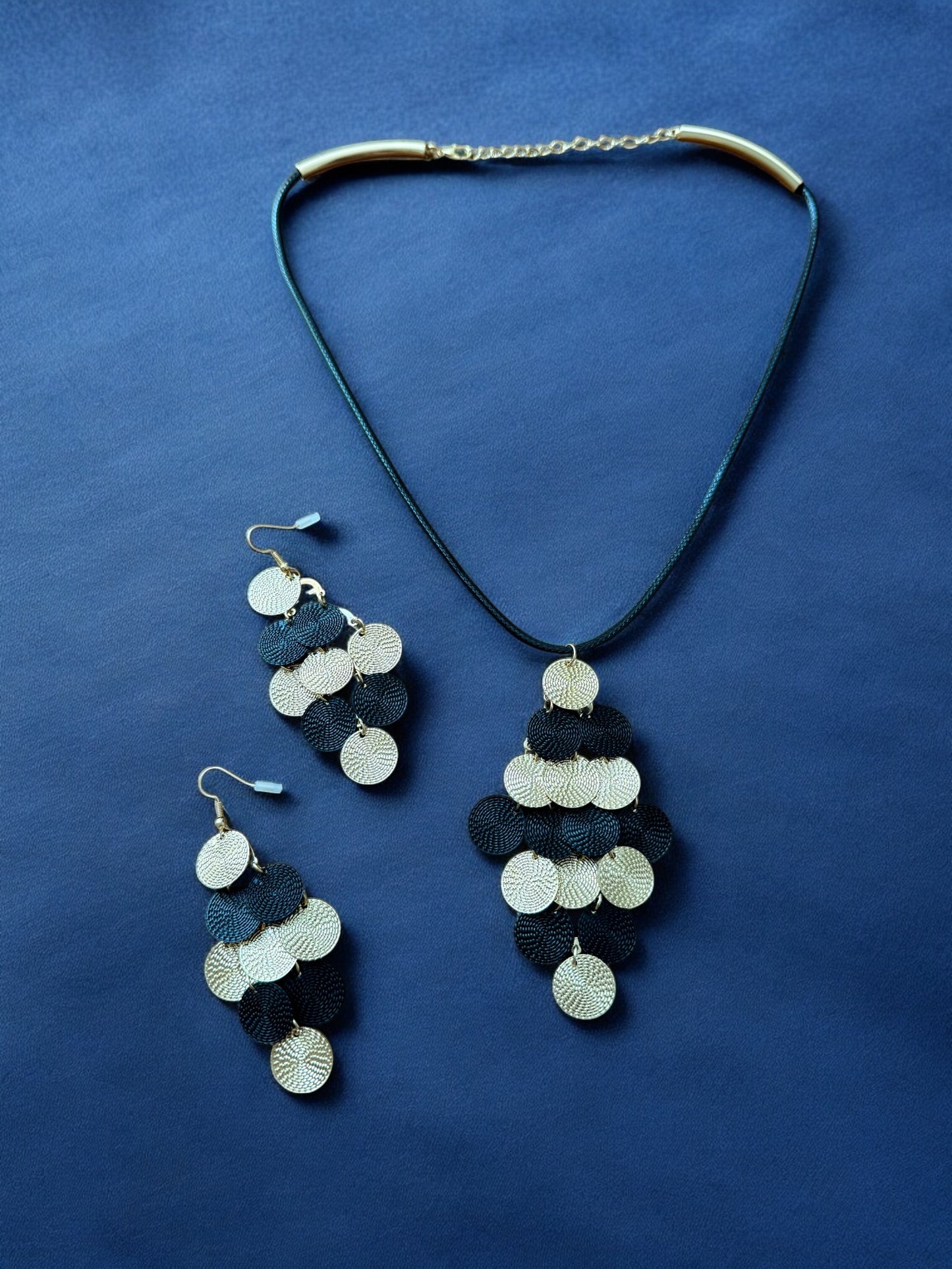 Gold & Black Geometric Cord String Jewelllery set with Dangling Earrings