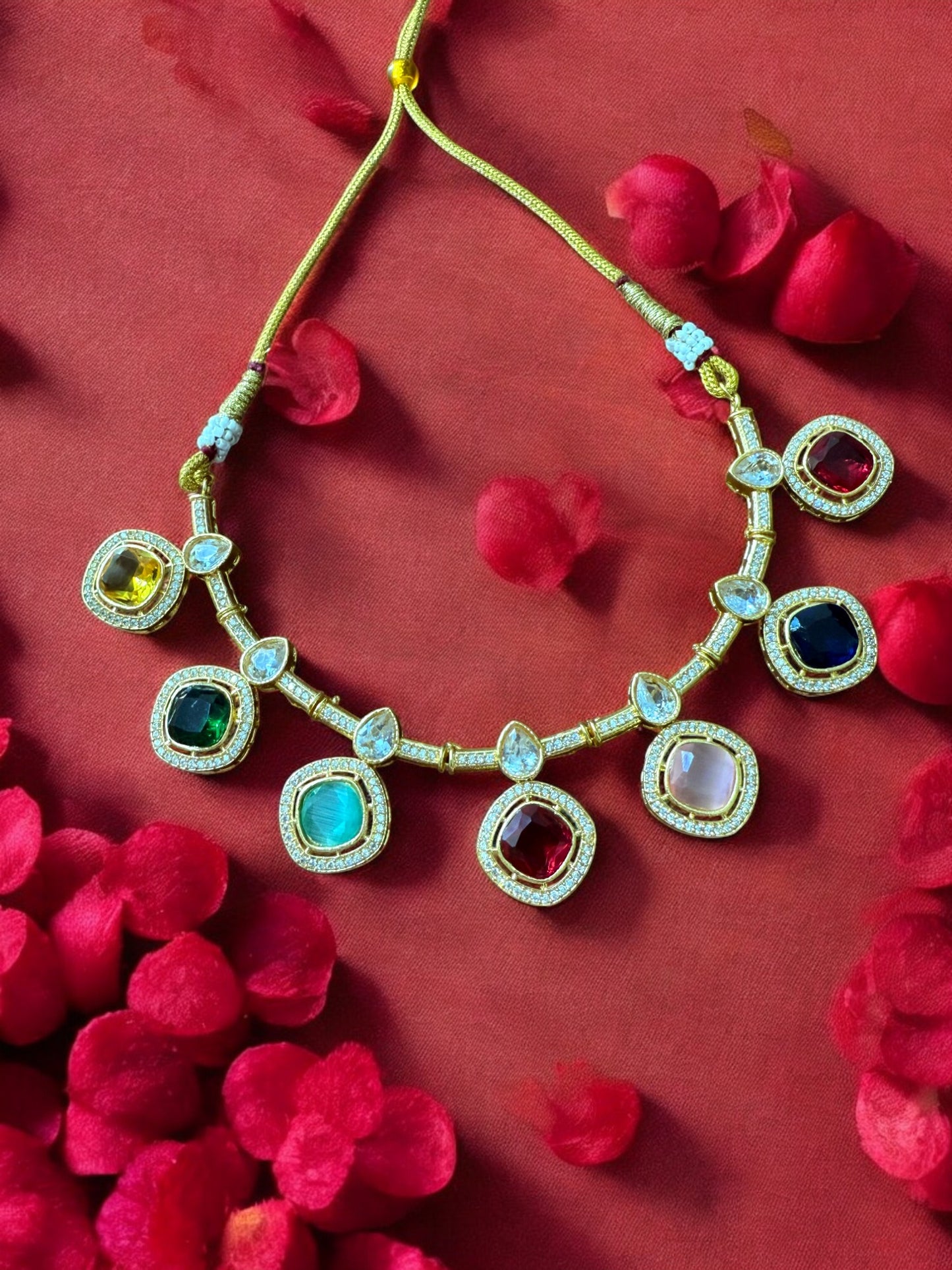 Multicolor Kundan Necklace Set with Cibic Zircon Accents