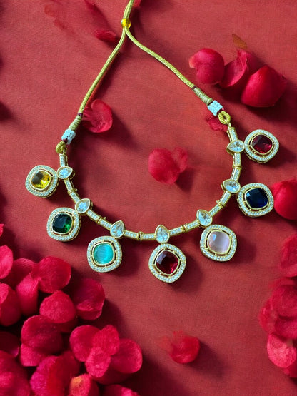 Multicolor Kundan Necklace Set with Cibic Zircon Accents
