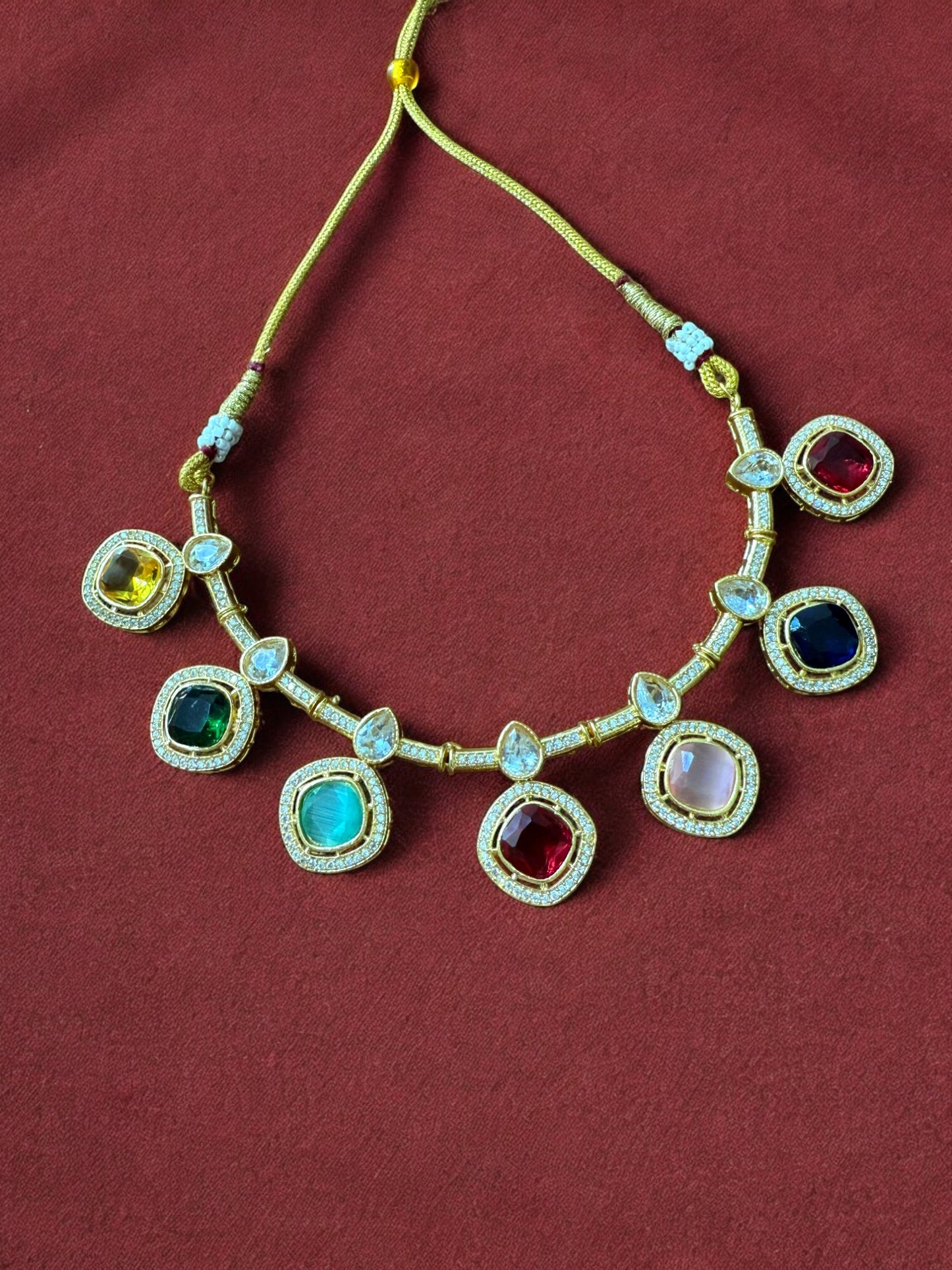 Multicolor Kundan Necklace Set with Cibic Zircon Accents