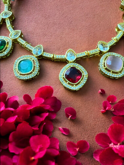 Multicolor Kundan Necklace Set with Cibic Zircon Accents