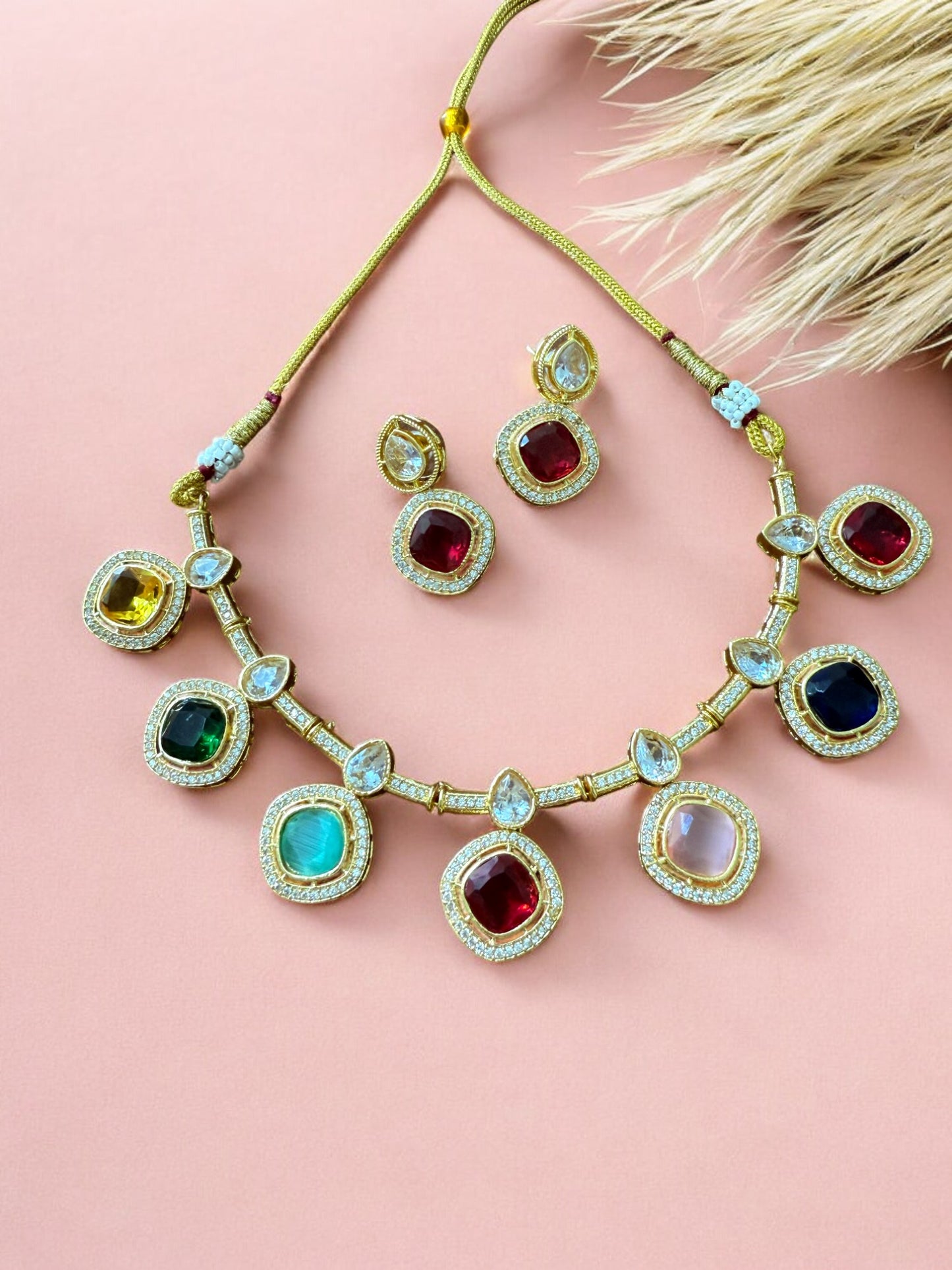 Multicolor Kundan Necklace Set with Cibic Zircon Accents