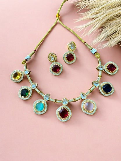 Multicolor Kundan Necklace Set with Cibic Zircon Accents