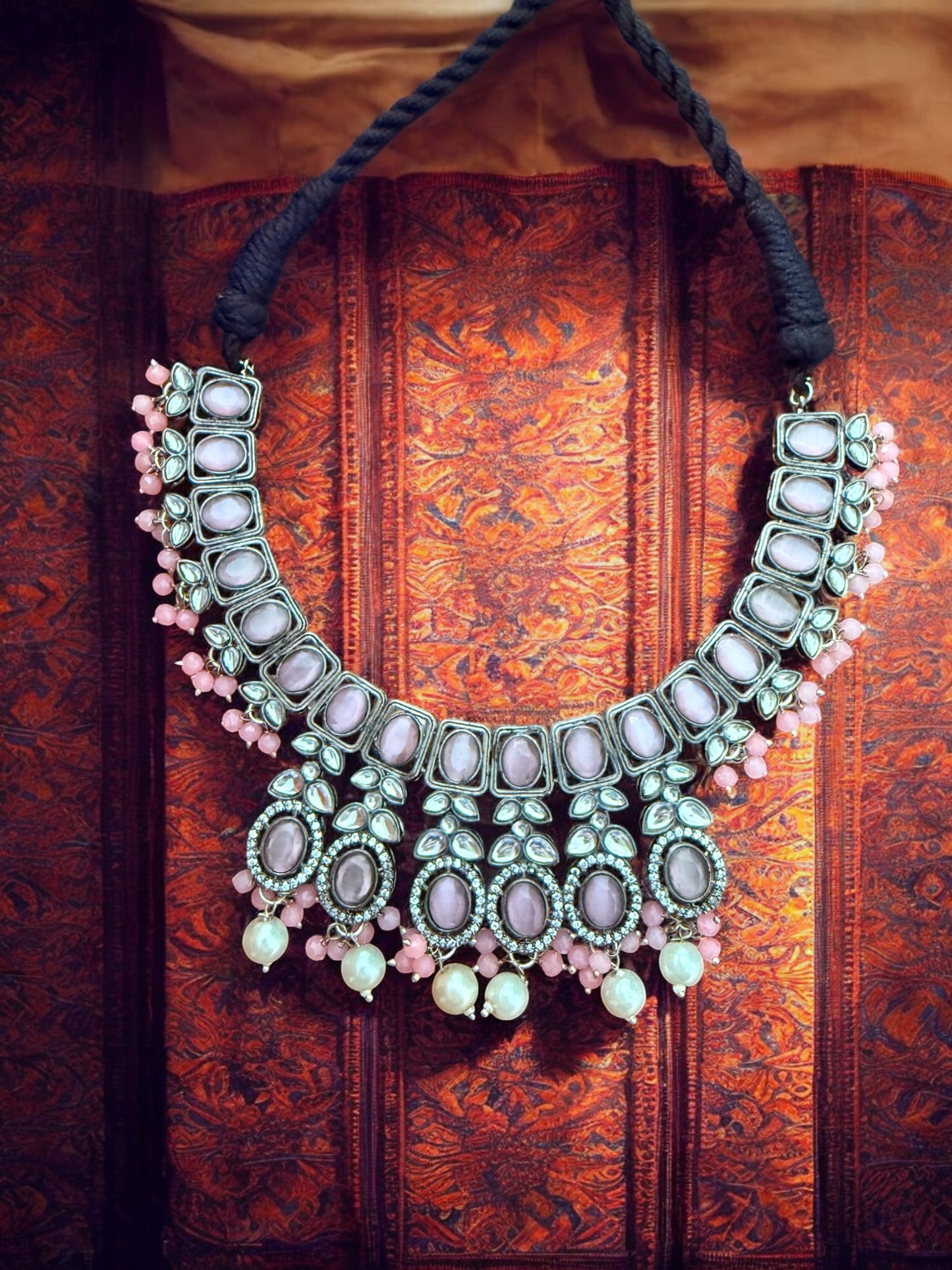 Pastel Pink Kundan Antique Necklace Set with Pearl Drops