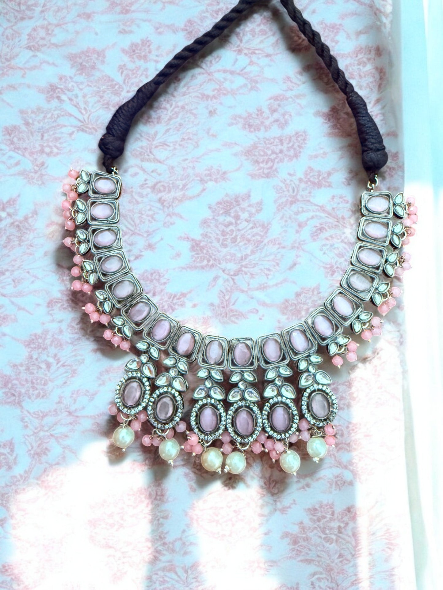 Pastel Pink Kundan Antique Necklace Set with Pearl Drops