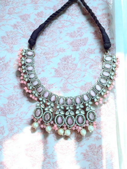 Pastel Pink Kundan Antique Necklace Set with Pearl Drops