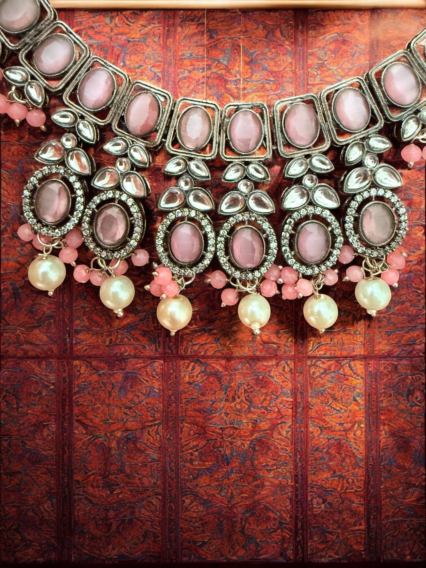 Pastel Pink Kundan Antique Necklace Set with Pearl Drops