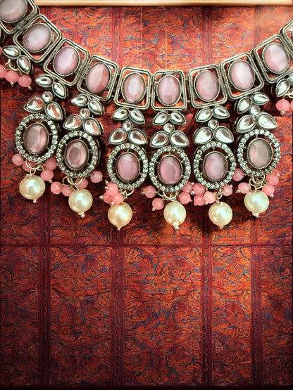 Pastel Pink Kundan Antique Necklace Set with Pearl Drops