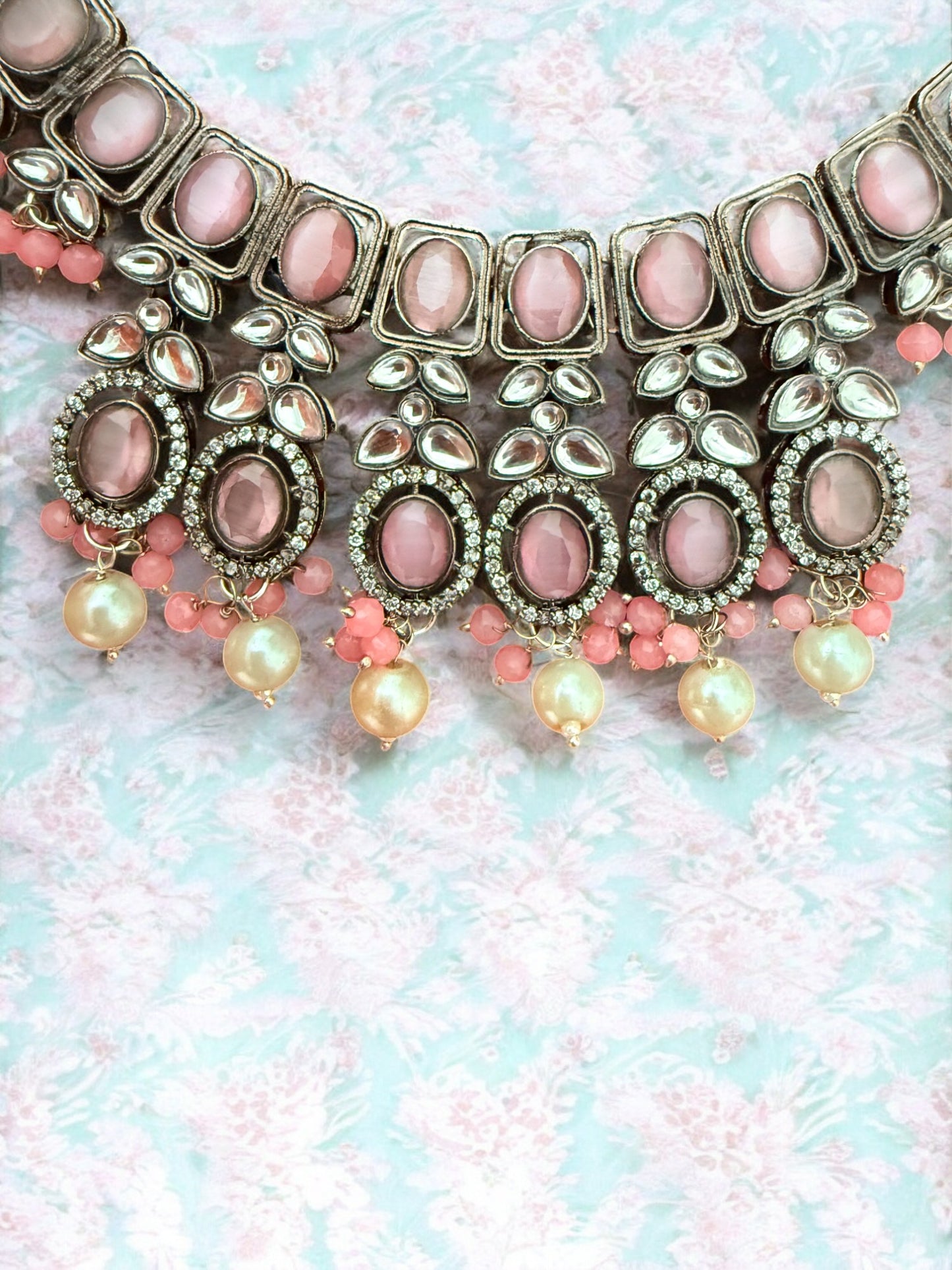 Pastel Pink Kundan Antique Necklace Set with Pearl Drops