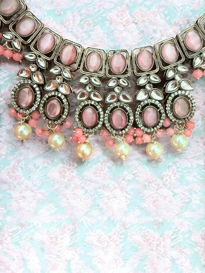 Pastel Pink Kundan Antique Necklace Set with Pearl Drops
