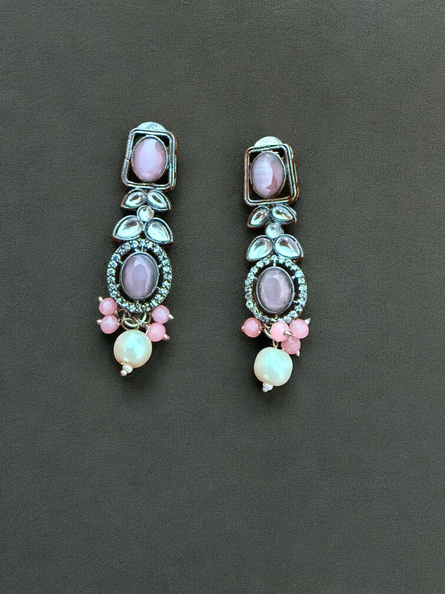 Pastel Pink Kundan Antique Necklace Set with Pearl Drops