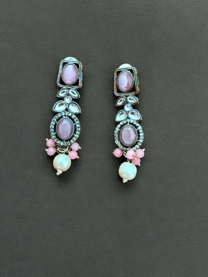 Pastel Pink Kundan Antique Necklace Set with Pearl Drops