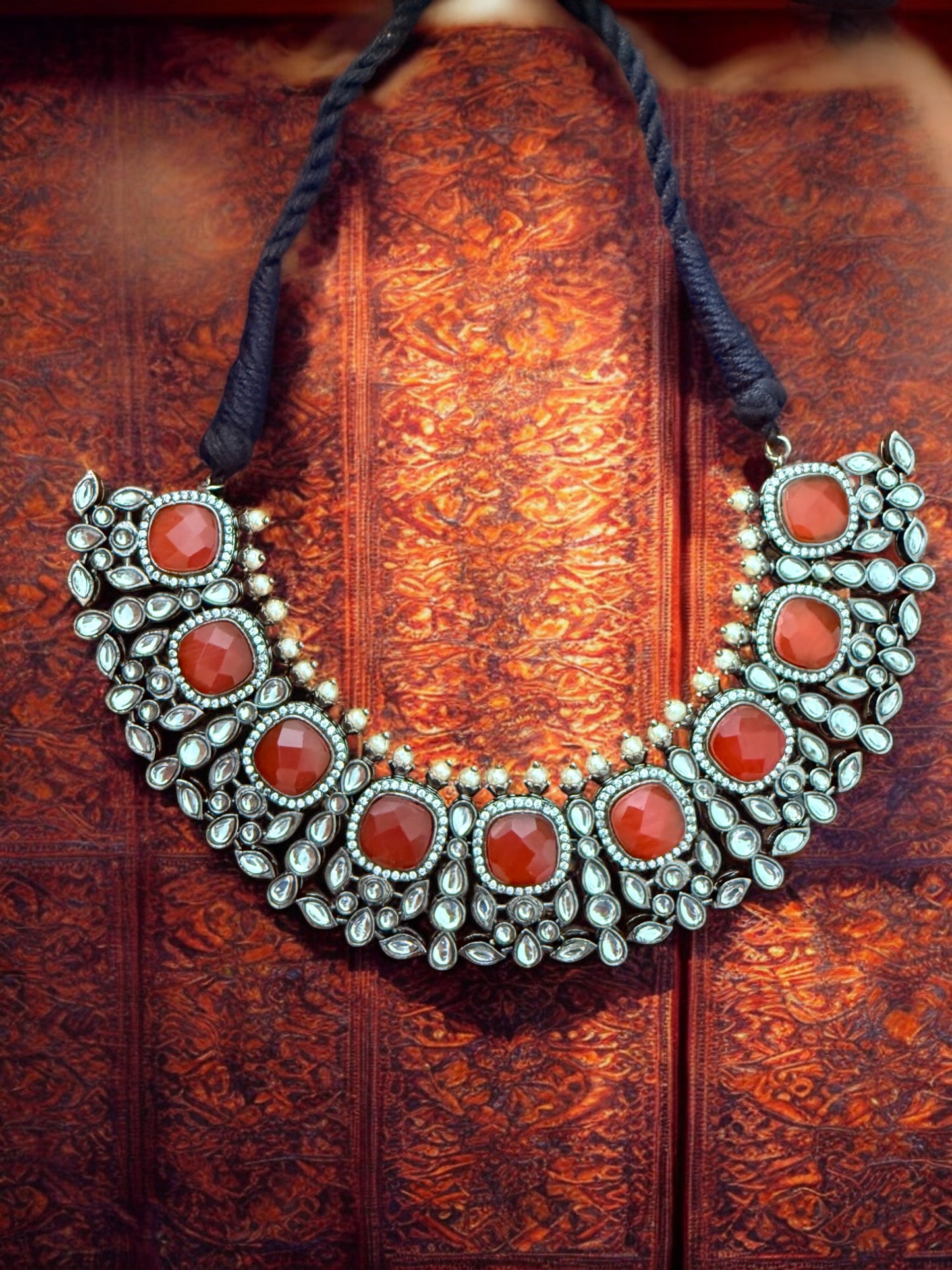 Bold Orange Kundan Antique Choker Necklace set with Pearls